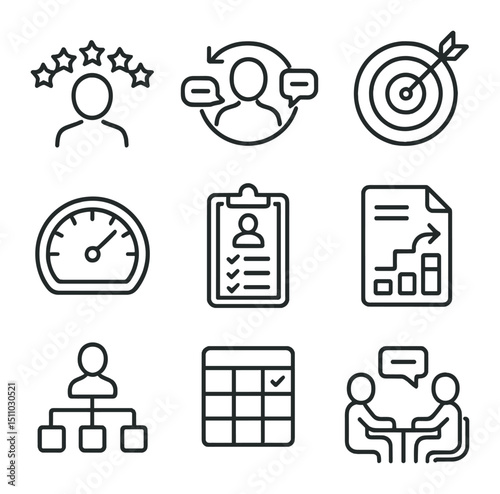 Performance Metrics Icons. Outline icon set of performance evaluation metrics: performance rating, 360° feedback, goal completion,