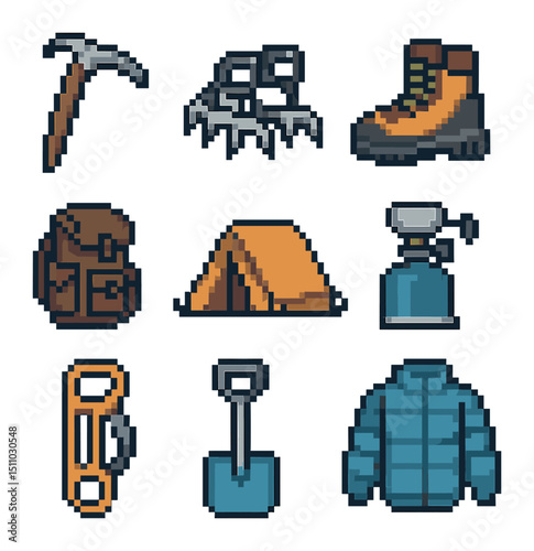 Pixel Mountaineering Gear Grid. Pixel art icon set of mountaineering equipment: ice axe, crampons, mountaineering boots, backpack,