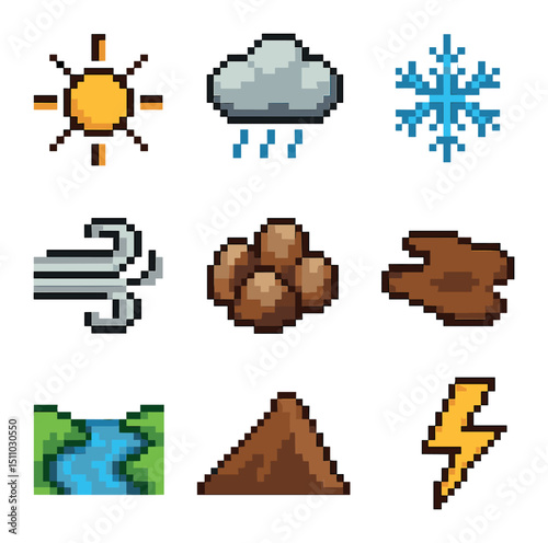 Pixel Weather Icons. Pixel art icon set of weather and terrain conditions: sun icon, rain cloud, snowflake, wind gust, rocky