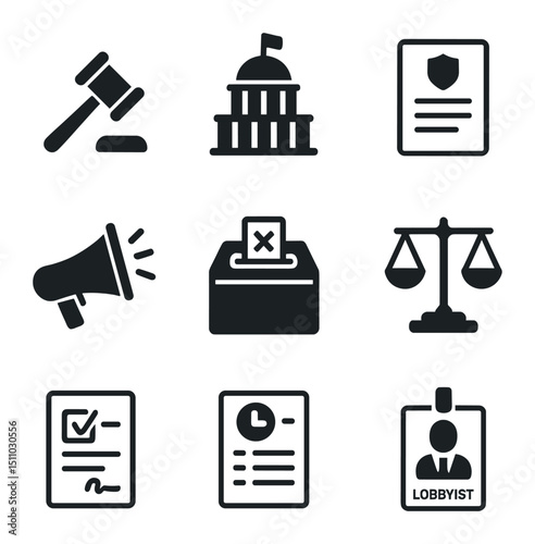 Policy Advocacy Icons. Flat icon set of policy advocacy and lobbying: gavel icon, legislative building, policy document, megaphone