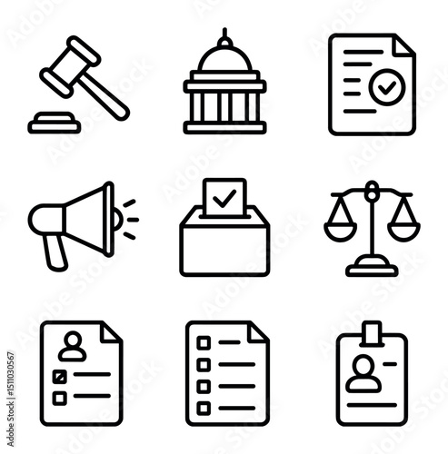 Policy Advocacy Icons. Outline icon set of policy advocacy and lobbying: gavel icon, legislative building, policy document,