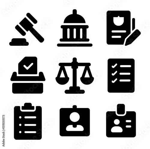 Policy Advocacy Icons. Solid, Filled icon set of policy advocacy and lobbying: gavel icon, legislative building, policy document,
