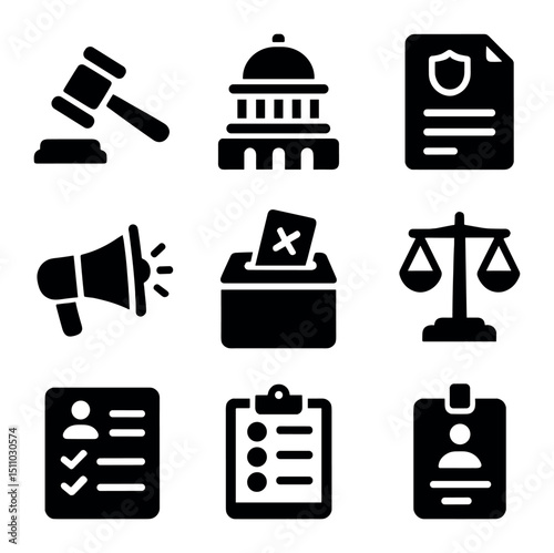 Policy Advocacy Icons. Flat icon set of policy advocacy and lobbying: gavel icon, legislative building, policy document, megaphone