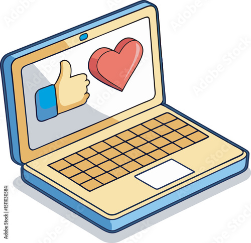 3D Laptop with alike icon. Social media marketing concept. Heart emoji speech bubble. Social network message on computer screen. Cartoon creative design icon isolated on white background.
