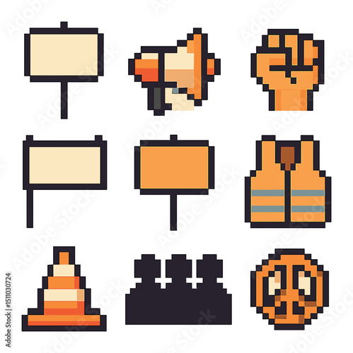 Protest Icon Set. Pixel art icon set of protest and demonstration signage: protest sign, megaphone, raised fist, banner pole,