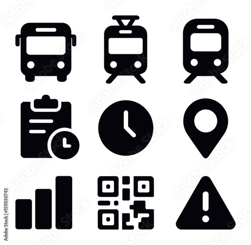 Public Transport Icons. Solid, Filled icon set of public transport tracking: bus icon, tram icon, metro train, timetable,