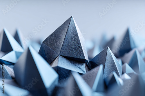 A close up view of several geometric shapes with a rough texture in shades of blue and grey color