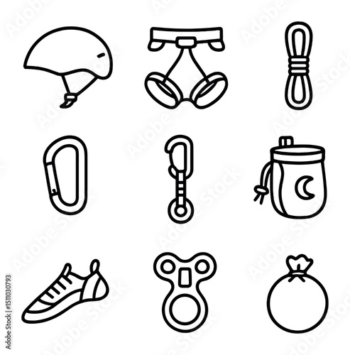 Rock Climbing Gear Icons. Outline icon set of rock climbing gear: helmet, harness, climbing rope, quickdraw, carabiner, chalk bag,