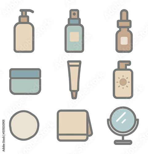 Skincare Routine Icons. Flat icon set of daily skincare routine: cleanser bottle, toner spray, serum dropper, moisturizer jar, eye