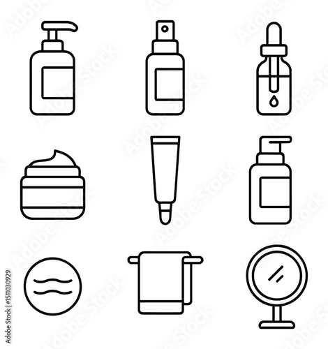 Skincare Routine Icons. Outline icon set of daily skincare routine: cleanser bottle, toner spray, serum dropper, moisturizer jar,