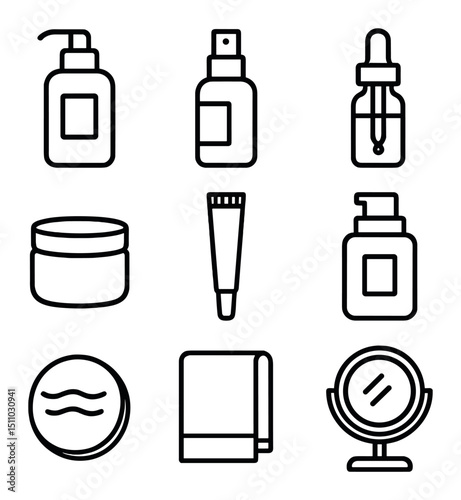 Skincare Routine Icons. Outline icon set of daily skincare routine: cleanser bottle, toner spray, serum dropper, moisturizer jar,