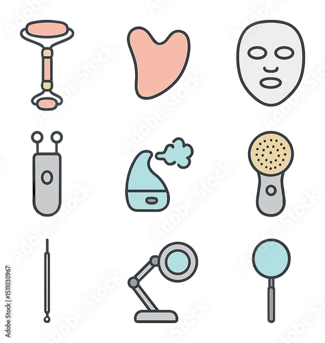 Skincare Tools Icons. Flat icon set of tools and devices: facial roller, gua sha stone, ultrasonic spatula, LED mask, microcurrent