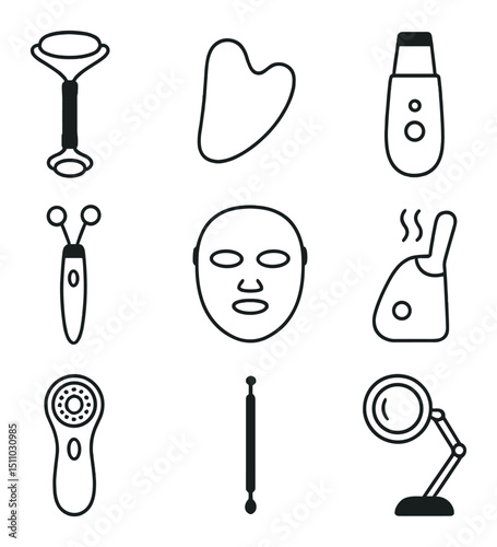 Skincare Tools Icons. Outline icon set of tools and devices: facial roller, gua sha stone, ultrasonic spatula, LED mask,