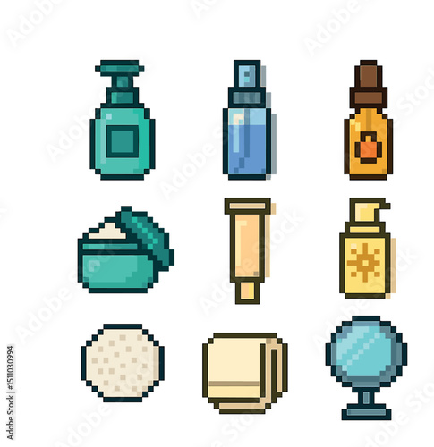 Skincare Icon Set. Pixel art icon set of daily skincare routine: cleanser bottle, toner spray, serum dropper, moisturizer jar, eye