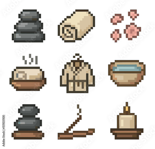 Spa Icon Set. Pixel art icon set of spa and pampering: stone massage, towel roll, flower petals, aromatherapy diffuser, hot towel,