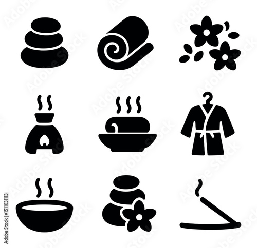 Spa Icons Grid. Solid, Filled icon set of spa and pampering: stone massage, towel roll, flower petals, aromatherapy diffuser, hot