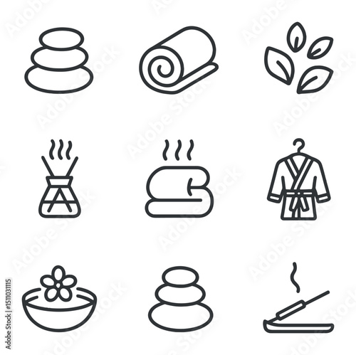 Spa Icon Collection. Outline icon set of spa and pampering: stone massage, towel roll, flower petals, aromatherapy diffuser, hot