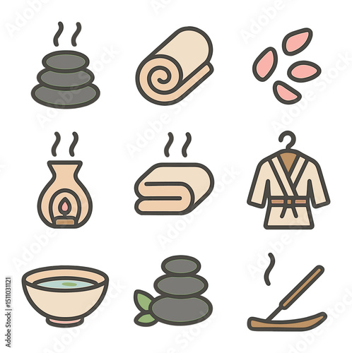 Spa Icon Set. Flat icon set of spa and pampering: stone massage, towel roll, flower petals, aromatherapy diffuser, hot towel, robe