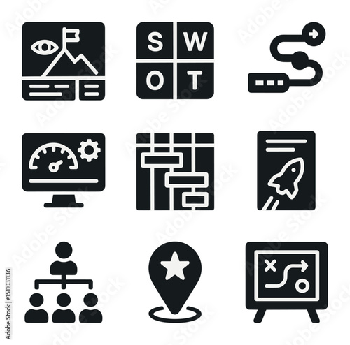 Strategic Planning Icons. Solid, Filled icon set of strategic planning tools: vision board, SWOT diagram, roadmap, KPI dashboard,