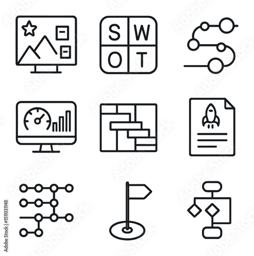 Strategic Planning Icons. Outline icon set of strategic planning tools: vision board, SWOT diagram, roadmap, KPI dashboard, Gantt