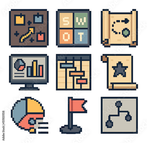 Strategic Planning Tools Icons. Pixel art icon set of strategic planning tools: vision board, SWOT diagram, roadmap, KPI dashboard