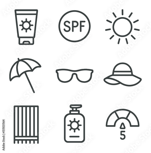 Sun Protection Icons. Outline icon set of sun protection essentials: sunscreen tube, SPF label, sun icon, umbrella, sunglasses,