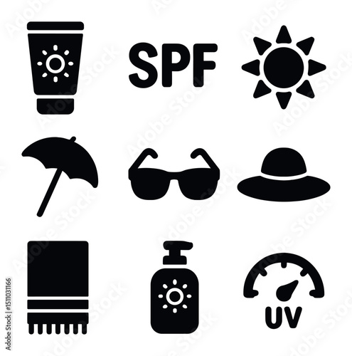 Sun Protection Icons. Solid, Filled icon set of sun protection essentials: sunscreen tube, SPF label, sun icon, umbrella,