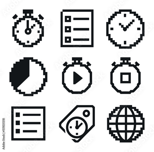 Time Management Icons. Pixel art icon set of time tracking apps: stopwatch, timesheet, clock face, pie chart, timer start, timer