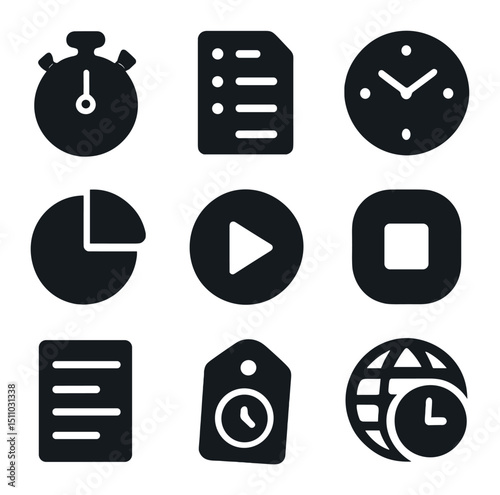 Time Tracking Icons. Solid, Filled icon set of time tracking apps: stopwatch, timesheet, clock face, pie chart, timer start, timer
