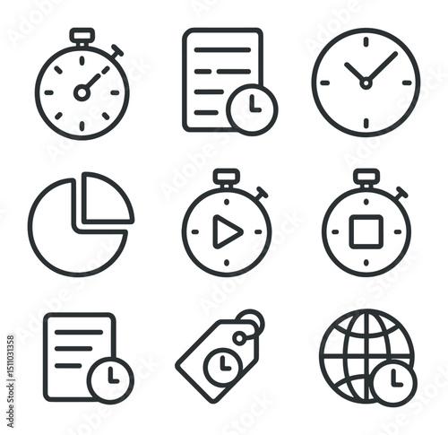 Time Tracking Icons. Outline icon set of time tracking apps: stopwatch, timesheet, clock face, pie chart, timer start, timer stop,