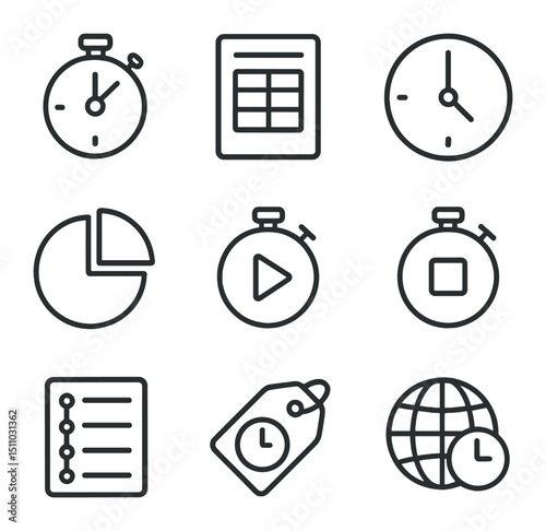 Time Tracking Icons. Outline icon set of time tracking apps: stopwatch, timesheet, clock face, pie chart, timer start, timer stop,