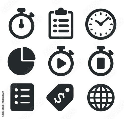Time Tracking Icons. Flat icon set of time tracking apps: stopwatch, timesheet, clock face, pie chart, timer start, timer stop,