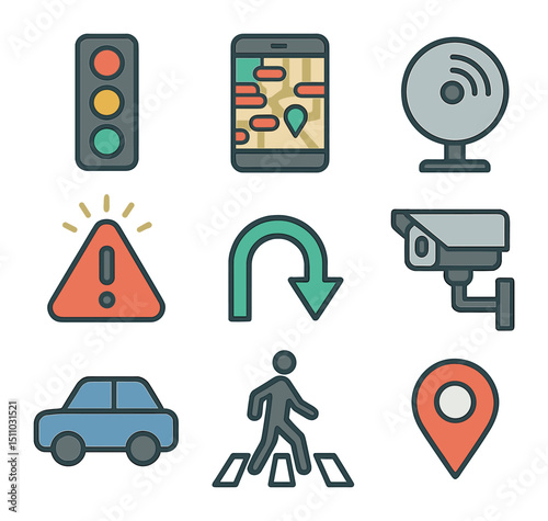 Traffic App Icons. Flat icon set of real-time traffic management apps: traffic light, congestion map, speed radar, incident alert,