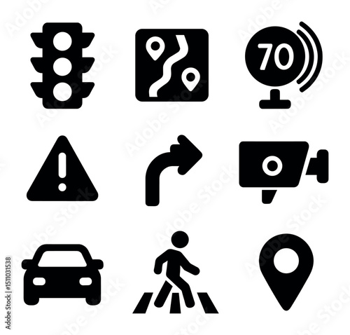 Traffic Management Icons. Solid, Filled icon set of real-time traffic management apps: traffic light, congestion map, speed radar,