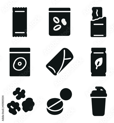 Trail Food Icons. Solid, Filled icon set of trail food and snacks: energy bar, trail mix, jerky strip, dried fruit pack, sandwich
