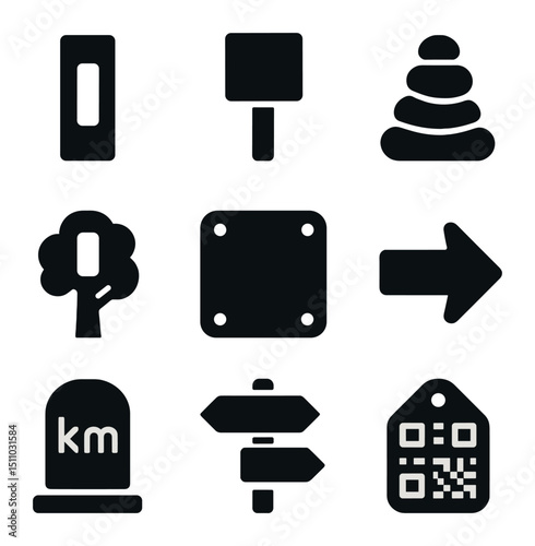 Trail Marker Icons. Solid, Filled icon set of trail markers and signs: blaze paint, wooden post, cairn stack, blazed tree, metal