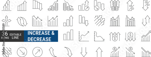Increase and Decrease Editable Line Icons Set. Vector illustration in modern thin stroke style showing profit and loss concepts: arrows, charts, graphs, analytics, and more. Ideal for apps and more