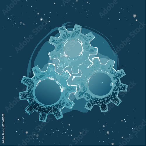A glowing digital wireframe illustration of three connected gears on a dark blue background, symbolizing technology and innovation.
