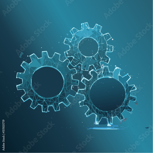 A glowing digital wireframe illustration of three connected gears on a dark blue background, symbolizing technology and innovation.