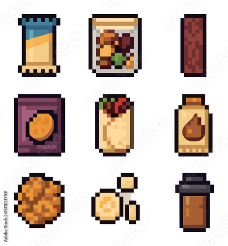 Trail Snack Icons. Pixel art icon set of trail food and snacks: energy bar, trail mix, jerky strip, dried fruit pack, sandwich