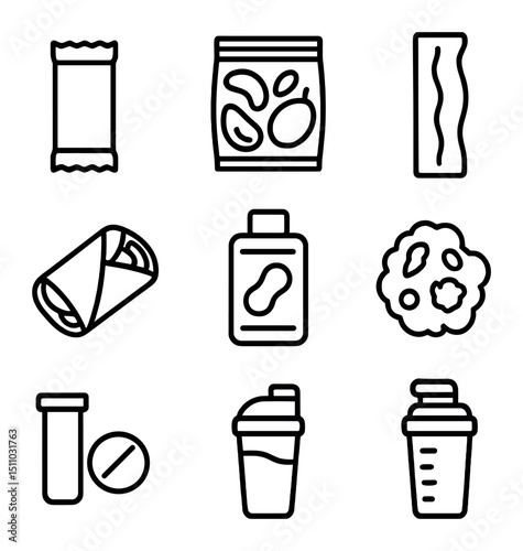 Trail Snack Icons. Outline icon set of trail food and snacks: energy bar, trail mix, jerky strip, dried fruit pack, sandwich wrap,