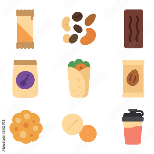 Trail Snack Icons. Flat icon set of trail food and snacks: energy bar, trail mix, jerky strip, dried fruit pack, sandwich wrap,