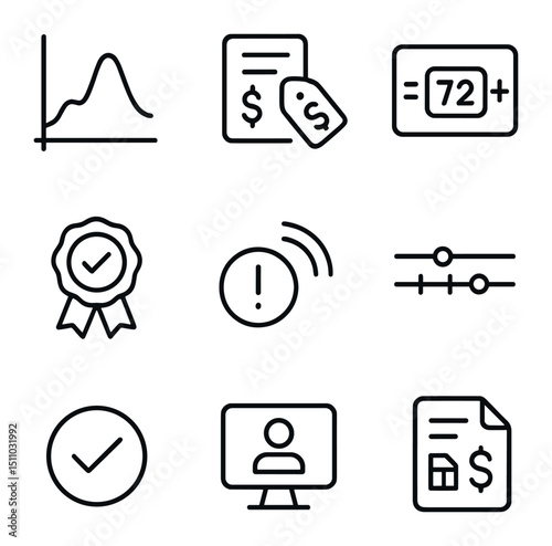 Utility Icon Set. Outline icon set of utility demand response features: peak load graph, demand bid, thermostat control, incentive