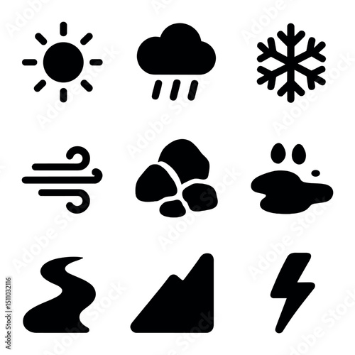 Weather and Terrain Icons. Solid, Filled icon set of weather and terrain conditions: sun icon, rain cloud, snowflake, wind gust,
