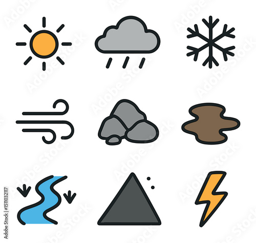 Weather and Terrain Icons. Flat icon set of weather and terrain conditions: sun icon, rain cloud, snowflake, wind gust, rocky