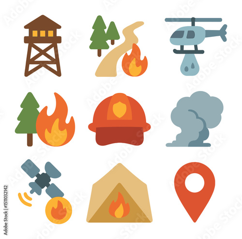 Wildland Fire Icon Set. Flat icon set of wildland fire management: fire lookout tower, firebreak line, helicopter water drop,