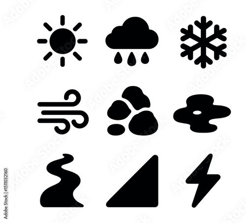 Weather and Terrain Icons. Solid, Filled icon set of weather and terrain conditions: sun icon, rain cloud, snowflake, wind gust,