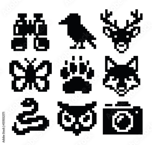 Wildlife Icon Set. Pixel art icon set of wildlife spotting icons: binoculars, bird silhouette, deer head, butterfly, bear paw, fox