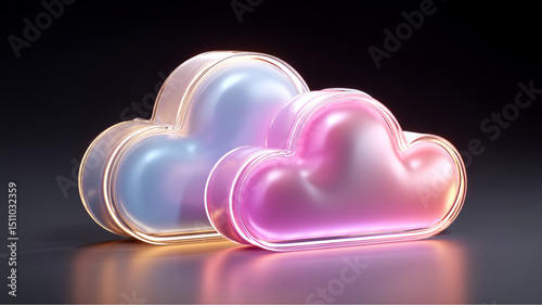 Two decorative glass clouds with iridescent colors on a dark surface with reflections visible near base