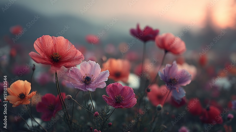 Obraz premium A field full of vibrant pink and orange flowers blooms atop a verdant green expanse, just beside the dense forest